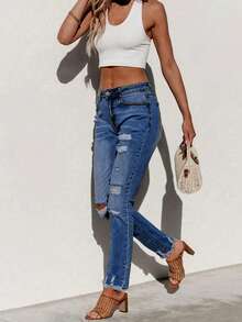 Women's Straight Leg Ripped Distressed Pockets Frayed Hem Casual Jeans - Dark Wash - View 2