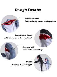 鲨鱼毯连帽衫舒适法兰绒鲨鱼睡袋沙发毯，新款卡通动物可爱趣味睡袋，成人款，动物睡衣，圣诞派对睡衣，可穿戴鲨鱼毯成人连帽衫，超柔软舒适的鲨鱼服装 - 彩色 - 查看 5