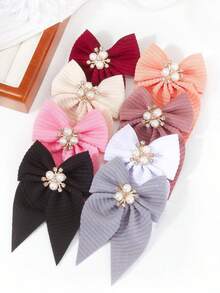 3/6pcs/Set Girls Solid Color Textured Bow Pearls Crystal Hair Clips, Elegant Princess Hair Accessories For Daily Use