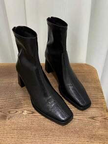 2025 Pointed Toe Ankle Boots For Women, Thick Heel Zipper Back, Black Patent Leather, High-End Boots, Autumn/Winter 2025 New Arrival, High Heels - Black - View 4