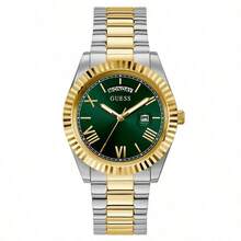 Guess Đồng hồ đeo tay nam cổ điển, thanh lịch, máy quartz, mặt tròn màu đen, dây đeo thép không gỉ mạ vàng bạc, thích hợp đeo hàng ngày, làm quà sinh nhật, quà Giáng sinh, GW0265G8 - màu xanh lá - Xem 10