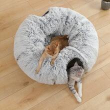 1pc Plush Cat Tunnel With Cat Bed, Foldable Multi-Functional Pet Cat Activity Center Toy - Grey - View 10