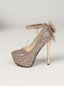 Zapatos de tacón alto de 14 cm (5,5 pulgadas) para mujer, zapatos con suela gruesa, material de lentejuelas dorado champán, tacón cómodo, decoración de lazo, tacones altos sexy con diseño de hebilla de correa única para estabilidad, adecuados para boda, pasarela, cita, fiesta formal, discoteca y otras ocasiones - Champán - Ver 11