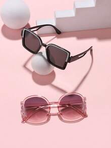 2 piezas Gafas de moda redondas y cuadradas con brillo fino de acrílico para niño y niña de 8 a 14 años, adecuadas para salidas de vacaciones, combinación de ropa y regalos festivos.