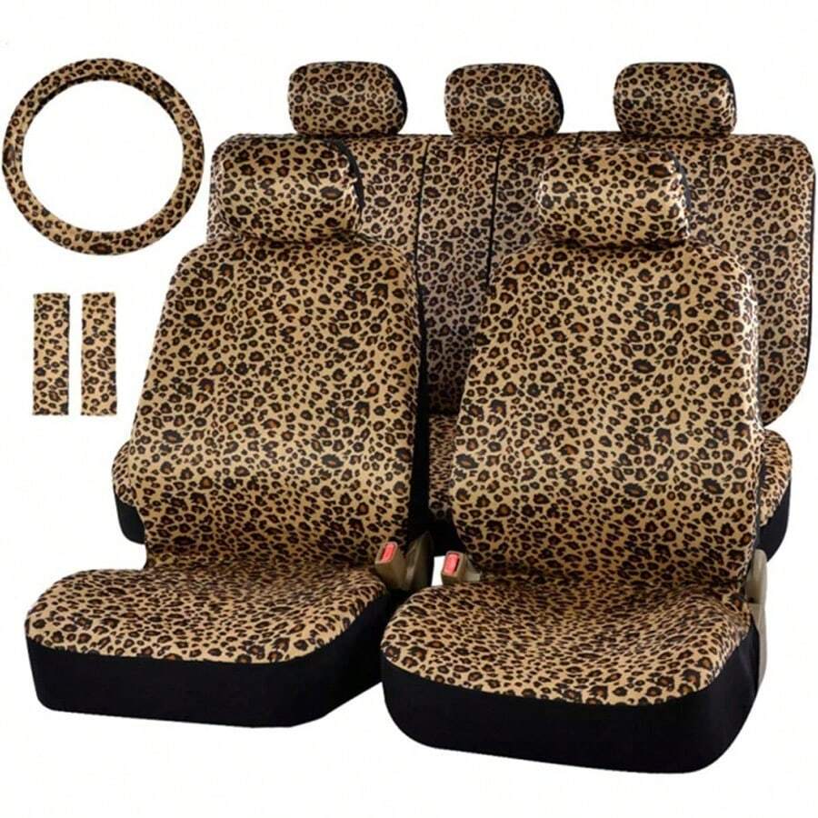 AUTOFAN Leopard Car Seat Covers Full Set With Steering Wheel Cover 2 Seat Belt Pads Cheetah Print Seat Covers For Cars For Women Airbag Compatible Universal Fits For Cars SUV Truck - 動物豹子 - 查看 1