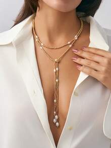 Set de 2 collares con cadena y colgante de perla falsa con diseño geométrico bohemio, elegante y de moda casual para uso diario, fiestas, festivales, sesiones de fotos, regalo para mujeres, citas en pareja, joyería versátil para mujeres