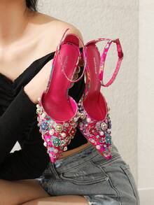 Distinctive Rhinestone Women's Fashion High Heel Shoes, Rose Red Heels Embroidered Ankle Strap Pumps, Personalized Style Stiletto High Heels Sandals Closed Pointed Toe Elegant Prom Dresses Wedding Date Shoes Valentine's Day Gift We Recommend Buying Half A Size Smaller. - 玫紅色 - 查看 2