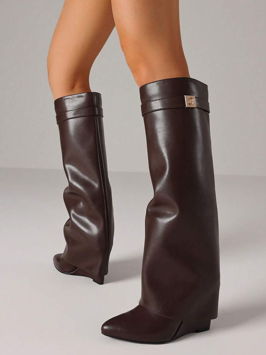 Fashion Women Knee High Boots Metal Pointed Toe Chunky Heels Fold Over Luxury Punk Goth Design Cool Women Fold Over Shoes - 棕色 - 查看 1