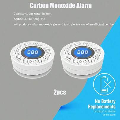 2 Sets Of Carbon Monoxide Detectors, Battery-Powered Carbon Monoxide Alarms, Easy To Install, With LED Lights And Automatic Detection Function, Low Battery Indicator Light, Home Essential