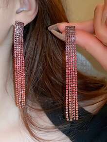 Glamorous Spring Colorful CZ Crystal Long Tassel Earrings Stud Dance Club Party Graduation Jewelry 1 Pair