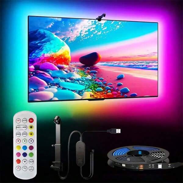 RGBIC LED TV Hintergrundbeleuchtungsstreifen mit AR-Sensor, Bildschirm-Umgebungslichtanpassung, unterstützt App-Musik, USB-betrieben, geeignet für 35-80 Zoll TVs, Monitore, Spielzimmer, Schlafzimmer und Wohnzimmer.