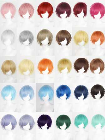 12-Inch Black Multicolor Anime Wig With Bangs - Heat Resistant, Short Straight Style, Suitable For Halloween Cosplay And Everyday Wear