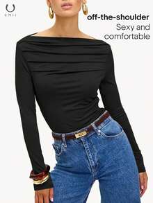 UMII Women's Black Off-The-Shoulder Draped Long Sleeve Top, Slim Fit Stretch Bodysuit, Sexy Casual Valentine's Day Date Night Blouse - Black - View 6