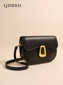 Classic Black Faux Leather Crossbody Bag, New Design Wide Strap Crossbody Saddle Bag