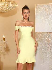 Vestido longo feminino, elegante, feito à mão, com contas de unha, ombro de fora, costas nuas, com babados, amarelo, comprimento até o joelho, para casamento, dama de honra, baile, festa