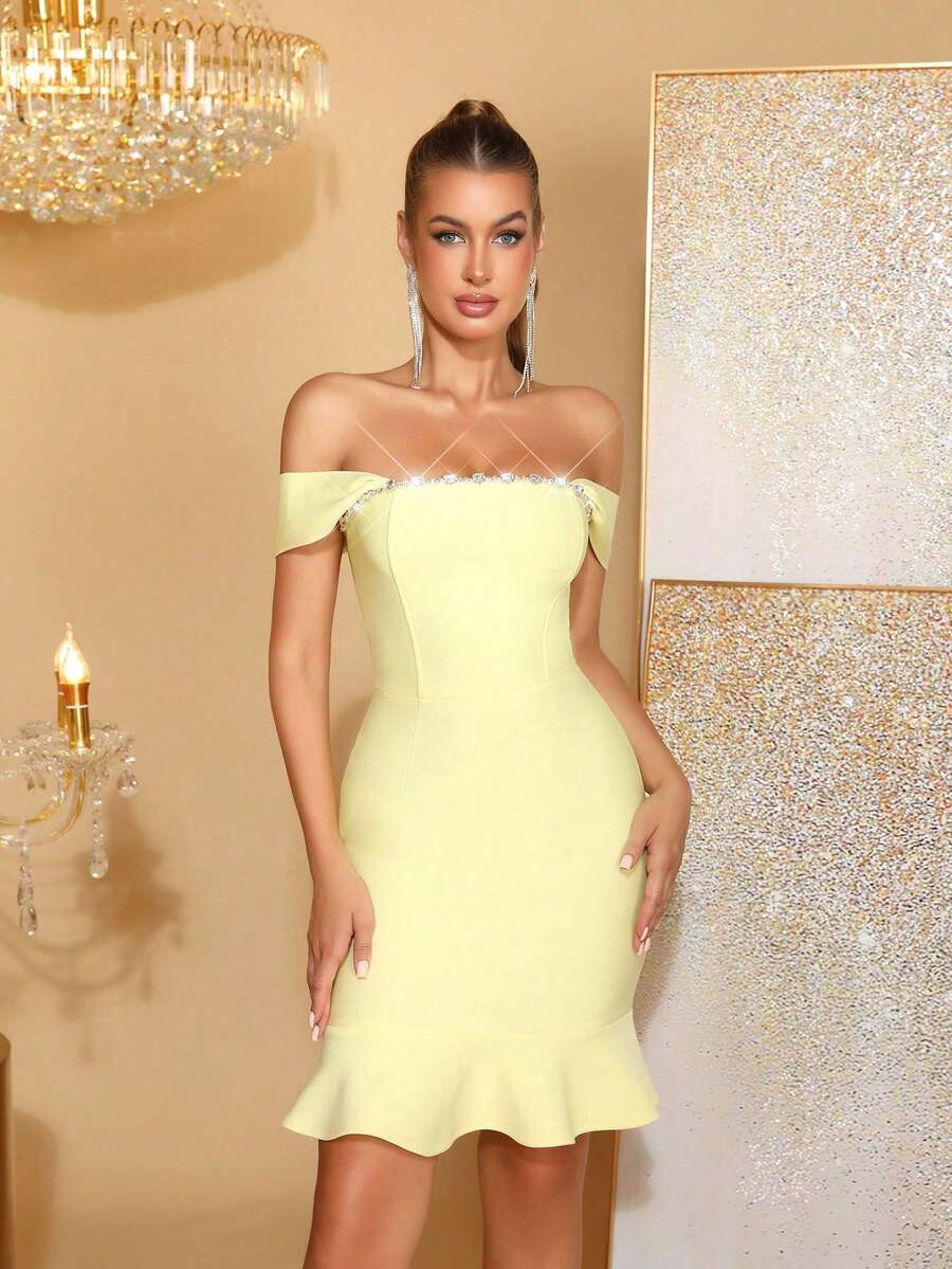 Vestido longo feminino, elegante, feito à mão, com contas de unha, ombro de fora, costas nuas, com babados, amarelo, comprimento até o joelho, para casamento, dama de honra, baile, festa