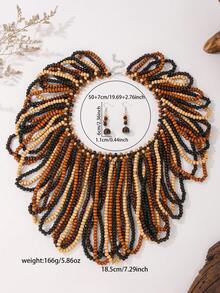 1pc Handmade Multilayer Wooden Bead Necklace, Exaggerated Bohemian Style For Party, Beach, Holiday Usage