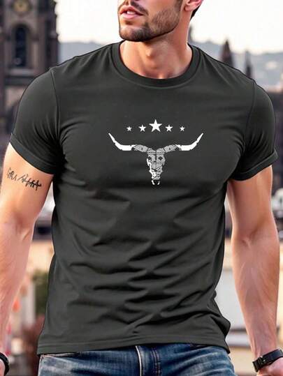 Plus Size Men's Casual Round Neck Short Sleeve T-Shirt With Ox Horn Print