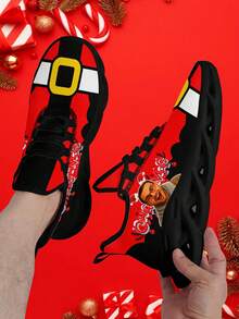 Zapatillas de Navidad personalizadas para hombres con impresión de foto personalizada, diseño de cinturón de Papá Noel festivo, zapatos deportivos con foto personalizada, zapatillas ligeras, cómodas y de suela blanda para hombre, zapatos de tenis transpirables para entrenamiento en el gimnasio, regalo de Navidad único para mamá/papá/ella/él/novia/novio/esposa/esposo/amigo