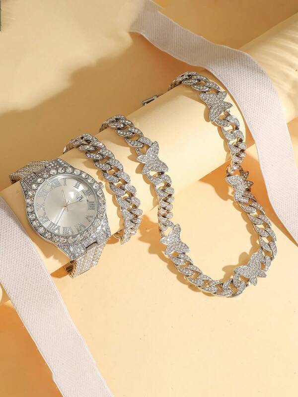 Set de 3 piezas: collar, pulsera y reloj de cuarzo con calendario de estilo urbano para niños, adecuado para vacaciones y vuelta al cole, sin caja