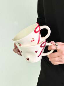 1 pieza Juego de taza y platillo de café de cerámica con diseño de corazón y cereza, taza de café estilo coreano lindo para dama, taza de té pintada a mano con corazón y lazo, taza de té de alta calidad para el té de la tarde, regalo, café árabe