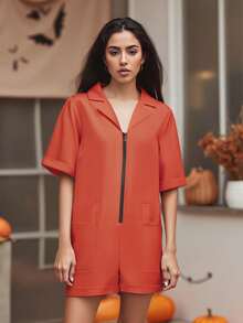 Women's Jail Costume Jumpsuit, Short Sleeve Romper With Belt And Zip Up, Prisoner Inmate Halloween Party Outfit - trái cam - Xem 5