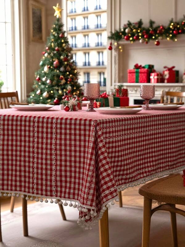 1 pezzo Tovaglia a quadri rossi intrecciata, stile country americano vintage con design a nappine, adatta per cucina, tavolino da caffè, mobile TV, ingresso, versatile per uso quotidiano, vacanze, Natale, decorazione della casa, riunioni di famiglia, feste di compleanno, matrimoni, banchetti