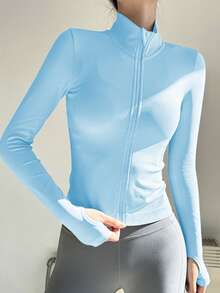 女士专业无缝拉链夹克，紧身剪裁，适合跑步、健身、瑜伽 - 淺藍色 - 查看 7