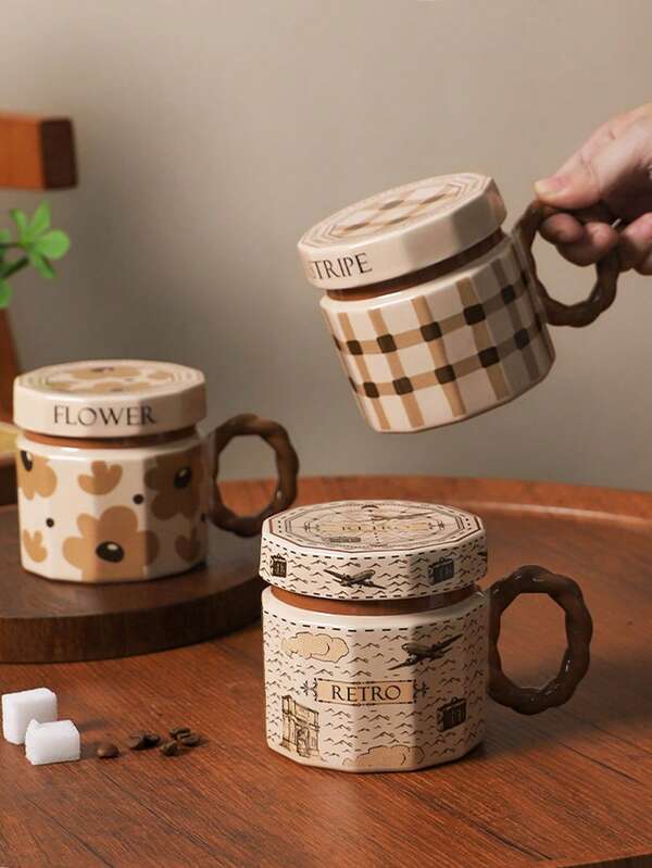 400ml Taza de café de cerámica retro con tapa, taza de agua a prueba de quemaduras y polvo con asa, taza de leche con color de esmalte personalizado, taza, taza de latte, taza de regalo de lujo cubana, taza de comedor de arte nórdico, adecuada para el hogar/cocina/café/graduación/regalo de Navidad/pareja, recuerdo de taza de agua de cumpleaños/vuelta al colegio