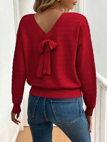 Suéter feminino casual elegante com laço decorado e ombros caídos, manga comprida, roupa para outono/inverno, ano novo