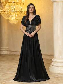 V领蝙蝠袖镂空水钻拼接喇叭下摆褶皱面料派对晚礼服婚礼春季 - 黑色 - 查看 5