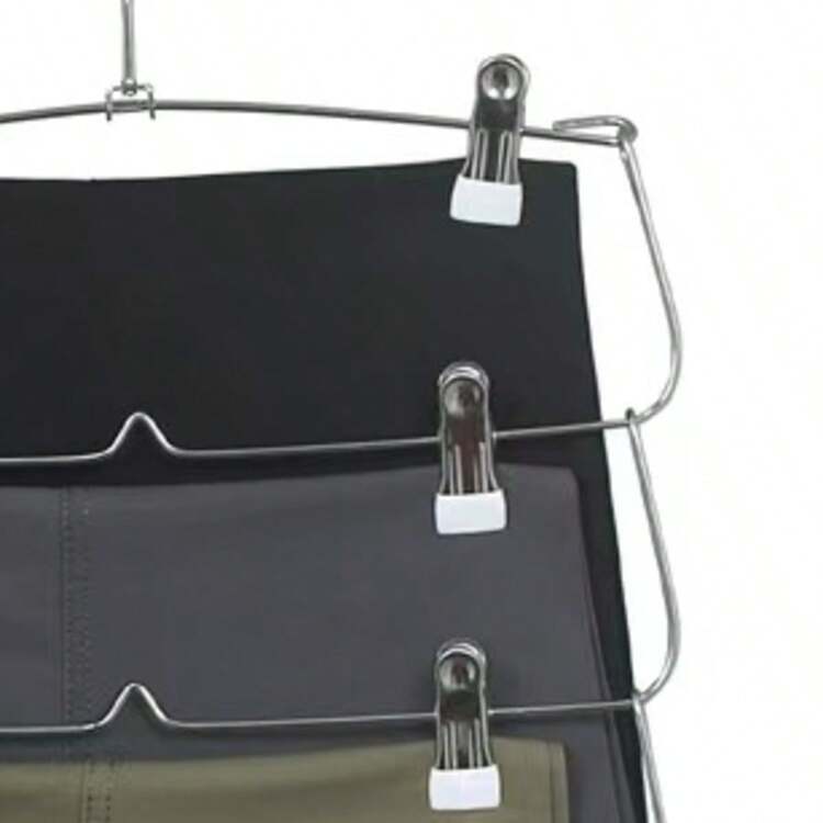 四层多功能金属衣架，带裙夹、裤夹和白色夹子 - 銀色 - 查看 5