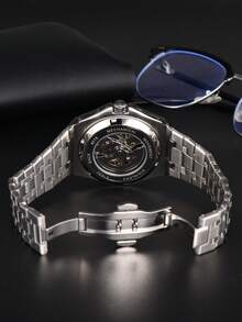 LONGLUX 1pc Men's Automatic Mechanical Watch With Calendar, Butterfly Buckle Steel Band, Waterproof, Casual & Minimalist Design