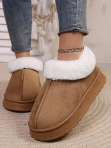 Autumn/Winter Fashion Casual Solid Color Plush Lining Patchwork Slip-On Slippers, Thick Sole Warm Boots For Women, Suitable For Living Room, Bedroom, Office, Black, Christmas