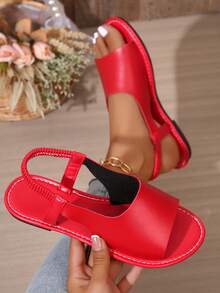 Women's Fashion Summer Solid Color Open Toe Sandals - Brown And Black, Flat, Peep Toe, Rubber Sole, Comfortable Casual Shoes, Fashionable Slip-On Sandals - Red - View 6