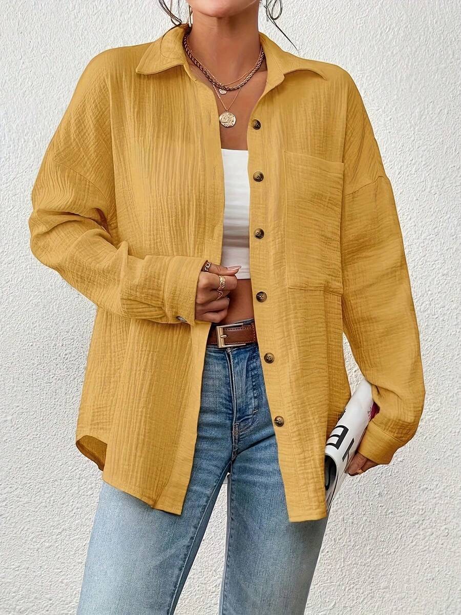 2026 Must-Have For The New Year Women's Elegant Shirt - Solid Color Long Sleeve Top With Button Front Collar, Machine Washable, Perfect For Fall/Spring Casual And Semi-Formal Looks, Structured Cut For Layering, Warm And Stylish Casual Wear, Chic And Versatile Women's Fashion Shirt, Women's Shirts, Long Sleeve Shirts And Tops, High Quality Women's Shirts, Women's Tops - 黃色 - 查看 1