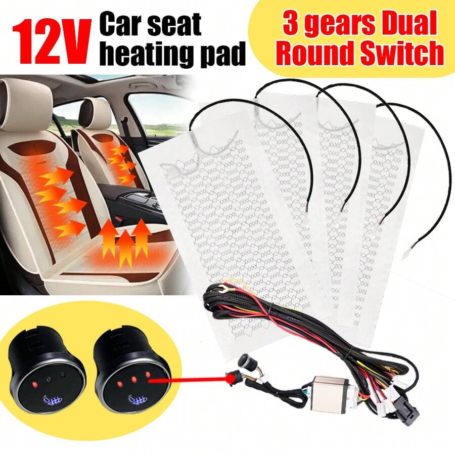 2pcs 4-Piece Carbon Fiber Seat Heating Pad, High/Low Temperature Adjustable, 3-Level Switch Controller, Universal Car Seat Heater Kit Fits 2 Seats - White - View 1