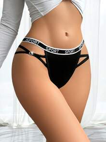 Women's Black Rhinestone Circular Ring Letter Elastic Comfortable Elegant Sexy Thong Panties