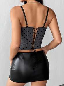时尚加垫紧身胸衣短款上衣，波尔卡圆点蕾丝花边，可调节肩带，合身紧身胸衣式吊带背心 - 灰色 - 查看 6