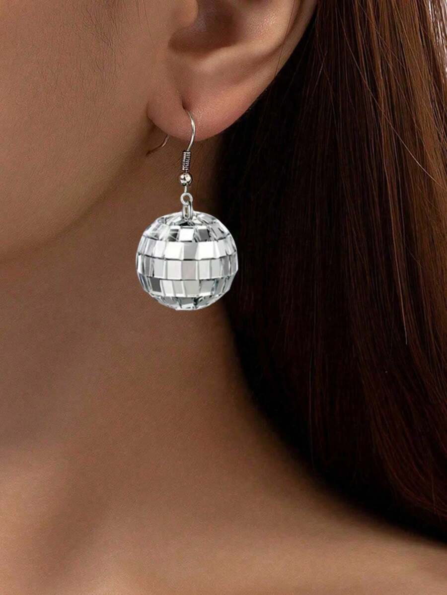 1 Par de Pendientes Colgantes de Bola de Discoteca Retro, Pendientes Colgantes de Bola de Discoteca Plateada con Brillo de los 70, Joyería de Moda Genial para Mujer, Pendientes Redondos Colgantes Vintage, Regalo de Cumpleaños o Día de San Valentín