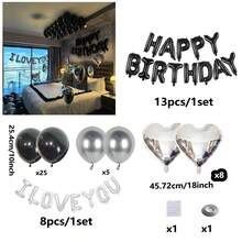 Black Valentine's Day Decorations Set, Including Black Valentine's Day Banner, Black Rose Petals, Black Latex Balloons, Silver Heart Foil Balloons, Suitable For Birthday Party Decor, Anniversary, Wedding, Home Decor, Photo Props