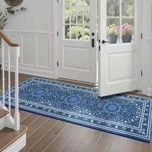 Washable Area Rug 5x7 - Soft Faux-Wool Area Rug Living Room Bedroom, Boho Vintage Floral Medallion Non-Slip Low Pile, Pet Friendly, Blue White - 藍白 - 查看 2