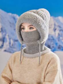 1 Pair Women's Knitted Mask Scarf Set, Autumn/Winter Warm Thermal Lined Earflap Hat Neck Gaiter