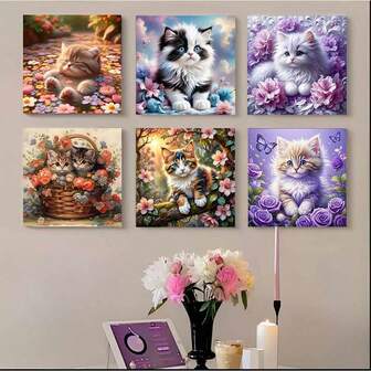 1/6pcs New 5D DIY Diamond Painting Kit, Cute Cat Theme Pattern, Full Round Diamond Painting Canvas Art Craft, Living Room Bedroom Study, Halloween Christmas Gift, Home Decor Wall Art, Frameless