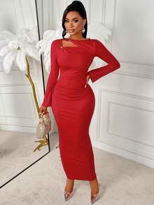 AIJ Vestido elegante de negocios, cena, cita o fiesta para mujer Amarilo con diseño de botones decorativos de cuello largo, el último diseño elegante de vestido de mujer para el otoño, Día de San Valentín - Rojo - Ver 8