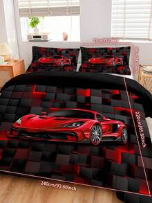 3件套酷炫赛车床上用品套装，舒适床上用品，1个羽绒被套+2个枕套，采用亲肤100%涤纶和聚酯纤维面料制成，无填充物，适合所有季节，卧室和宿舍，旅行