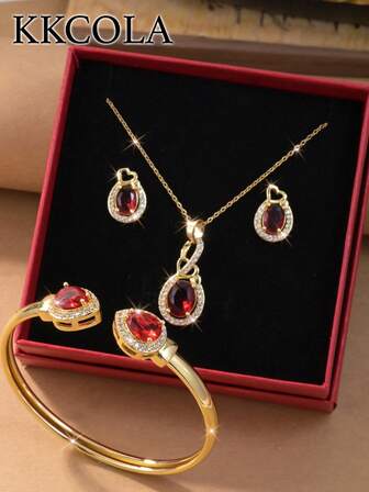 KKCOLA Set de 4 piezas de joyería de verano con gota de agua de circonita roja, incluyendo collar, aretes, pulsera. Joyería de alta gama, regalo de cumpleaños, accesorios de acero inoxidable para fiesta, Día de la Madre, uso diario