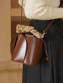 Drawstring Pocket Petal Brown New Basket Bucket Bag Niche Design Retro Women's Handbag Ladies Shoulder Crossbody Bag With Anti-Wear Rivets At The Bottom, Suitable For Weddings, Leisure, Daily Social Gatherings And Festivals