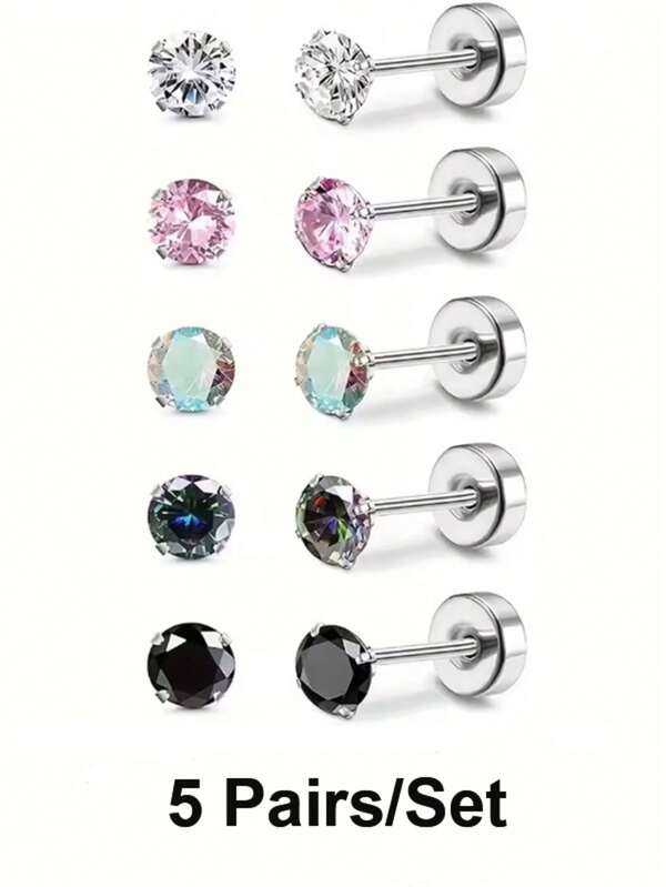 Conjunto de 5 pares/conjunto de brincos de aço inoxidável da moda para homens e mulheres, estilo simples, zircônia cúbica, parte traseira rosqueada, brincos multifuncionais para uso diário, joias de orelha unissex para todas as estações