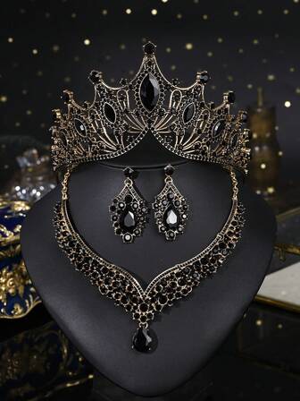 Gothic Style Bridal 4-Piece Set: Crown, Necklace, Earrings, Wedding Accessories, Suitable For Halloween Costume Party